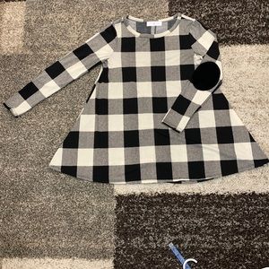 Lace and Lilac brand black and cream a-line top with felt elbow patches and bows